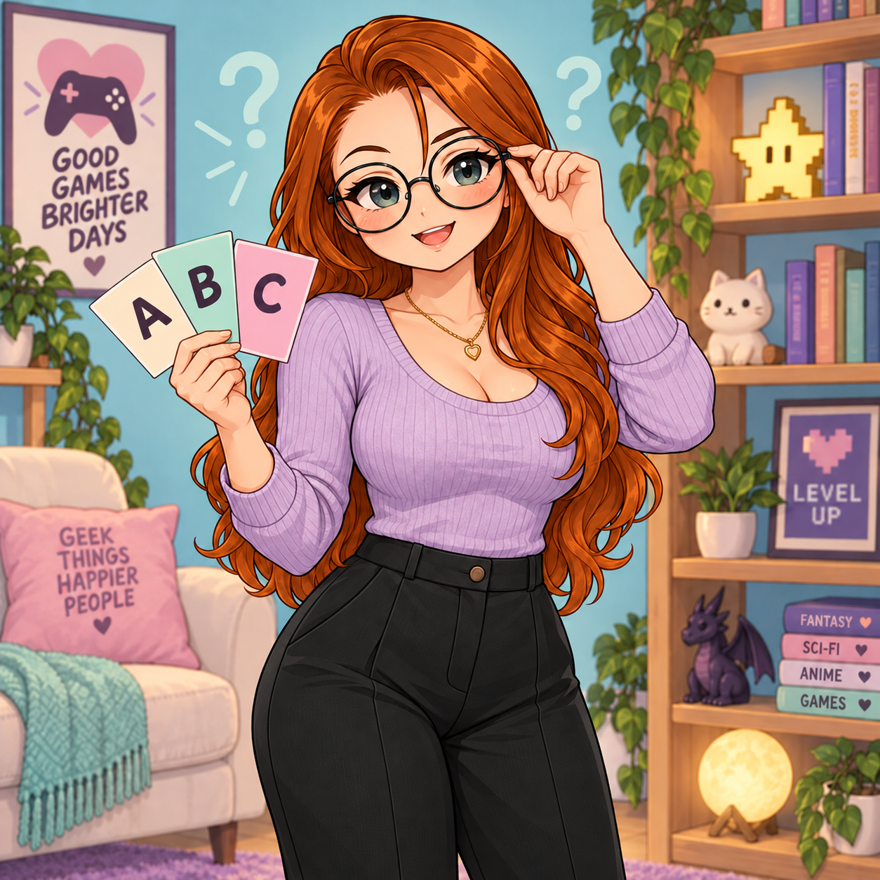 Chibi AdorkableGinger in a lavender sweater and black trousers holding A, B, and C statement cards for Two Truths and a Lie