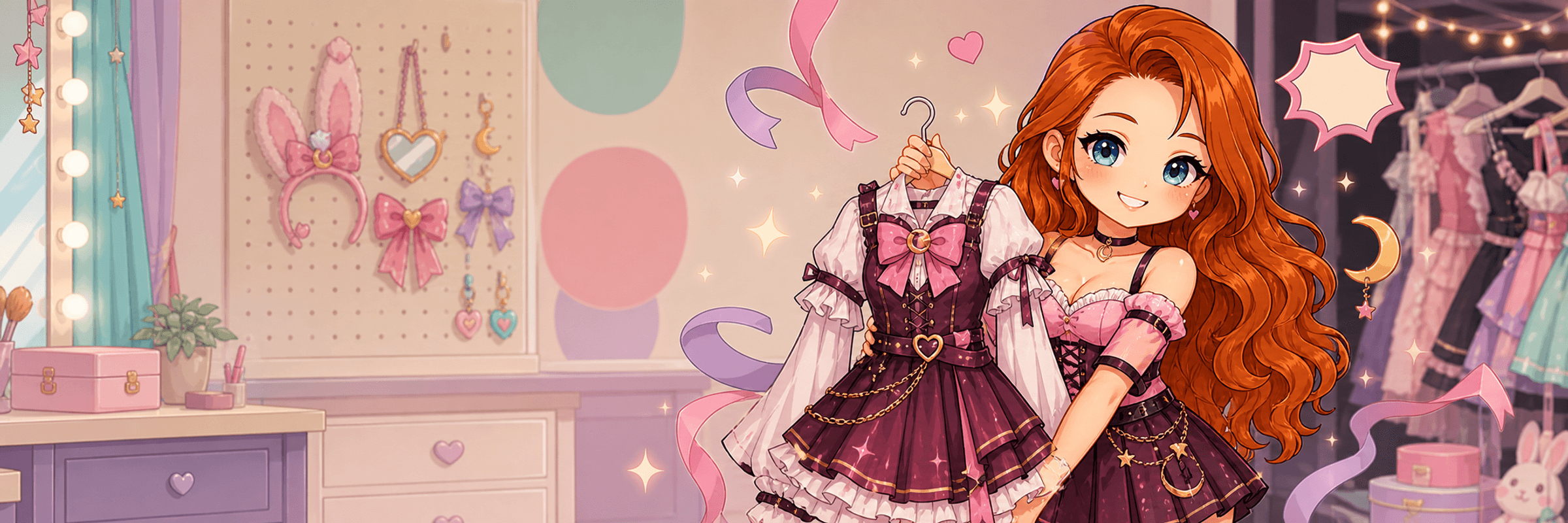 AdorkableGinger showing off a cosplay outfit beside a display of accessories